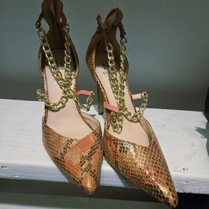 Orange Snake Print Heels with Gold Chain